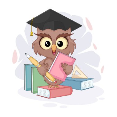 Okul malzemeleriyle sevimli çizgi film baykuşu. Çocuklar ve eğitim temaları için renkli vektör illüstrasyonu