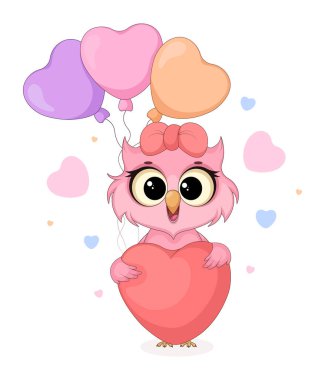 Kalp ve Balonlu Şirin Pembe Baykuş. Çocuklar için Sevgililer Günü Vektör İllüstrasyonu