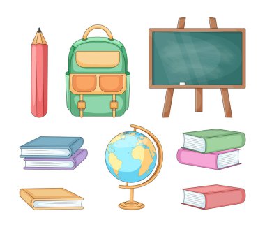 Okul malzemesi vektörü sırt çantası, kitap küre ve karatahta ile belirlendi