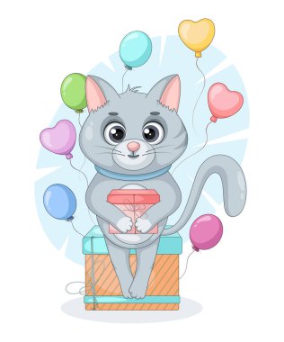 Hediye kutusu ve balonları olan sevimli bir kedi. Doğum günü kartı illüstrasyonu