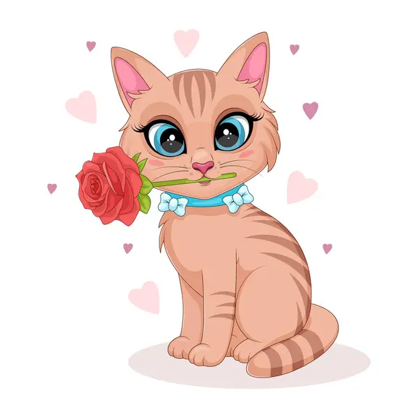 Sevgililer Günü kedi boyama sayfasında gül ve kalpler var.