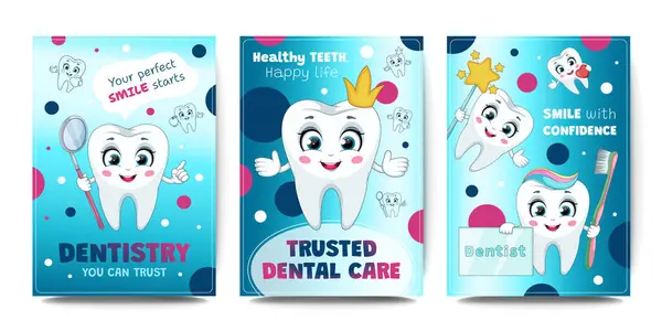 Tatlı çizgi film dişleri ve mutlu gülümseme unsurları olan diş bakımı vektörü ayarlandı