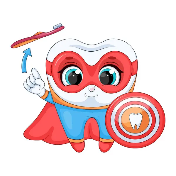 Kalkanı ve diş fırçası çizimi olan süper kahraman dişi karikatürü