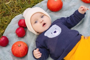 Puff ball şapkalı şirin bir kız çocuğu parkta yerde oturmuş, elinde bir balkabağı, gülümsüyor ve oynuyor. Mutlu çocukluk kavramı. Kameraya bakıyorum. Yüksek kalite fotoğraf