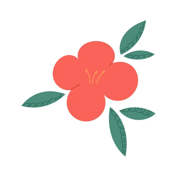 传统的日本山茶花 手工绘制平面矢量图解 分离于白色背景 韩国济州岛的象征 有叶子的红花 — 图库矢量图片