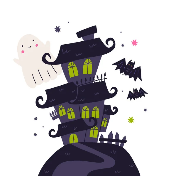Дом Привидениями Холме Летящими Милыми Призраками Летучими Мышами Плоская Векторная — стоковый вектор