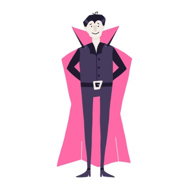 Pelerinli ya da pelerinli komik vampir, beyaz arka planda izole edilmiş çizgi film düz vektör çizimi. Korkunç vampirin çocuksu karakteri, Cadılar Bayramı kostümü konsepti.