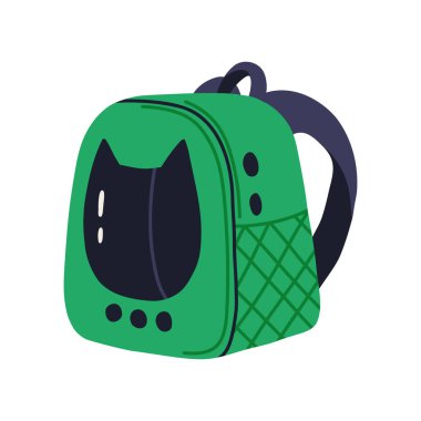 Hayvan taşımak için şeffaf pencereli sırt çantası, beyaz arkaplanda izole edilmiş çizgi film düz vektör çizimi. Kedi ve köpekleri çantada taşıyorlar. Evcil hayvanlarla seyahat et..