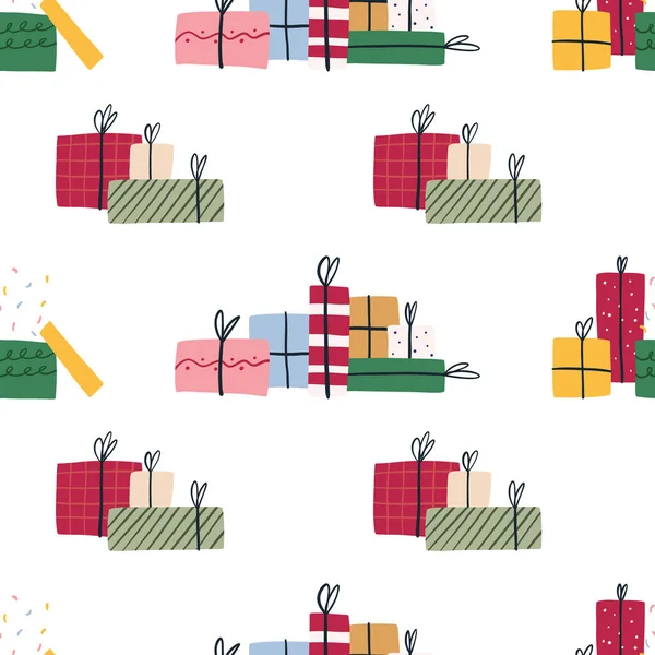 Cute Pile Gift Boxes Seamless Pattern Flat Vector Illustration White — Stock Vector