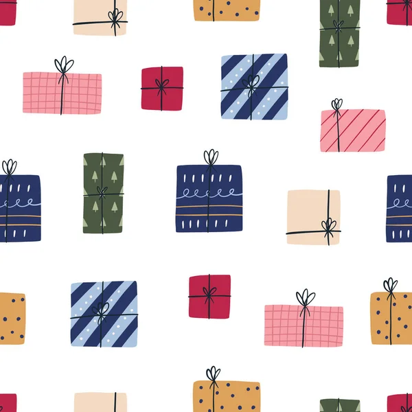 Verschiedene Geschenkboxen Nahtloses Muster Handgezeichnete Flache Vektorillustration Auf Weißem Hintergrund — Stockvektor