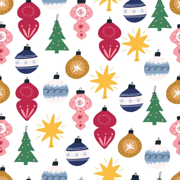 Χριστουγεννιάτικη Διακόσμηση Δέντρο Διάφορα Χαριτωμένα Μπιχλιμπίδια Αδιάλειπτη Μοτίβο Επίπεδη Διανυσματική — Διανυσματικό Αρχείο
