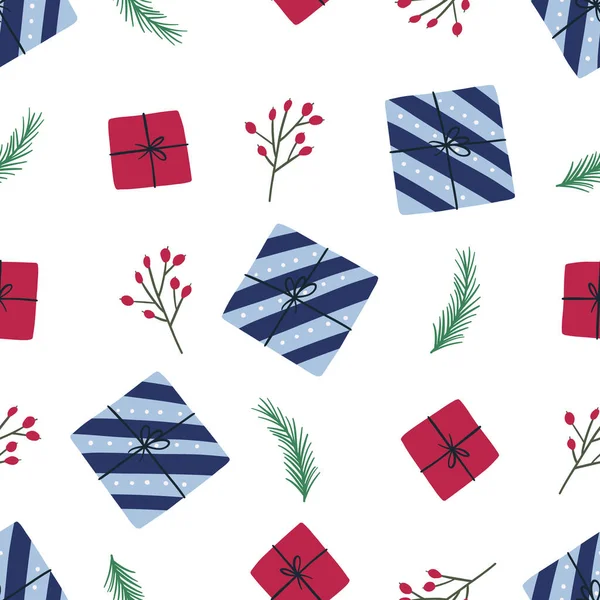 Weihnachten Nahtloses Muster Mit Handgezeichneten Feiertagselementen Flache Vektorillustration Auf Weißem — Stockvektor