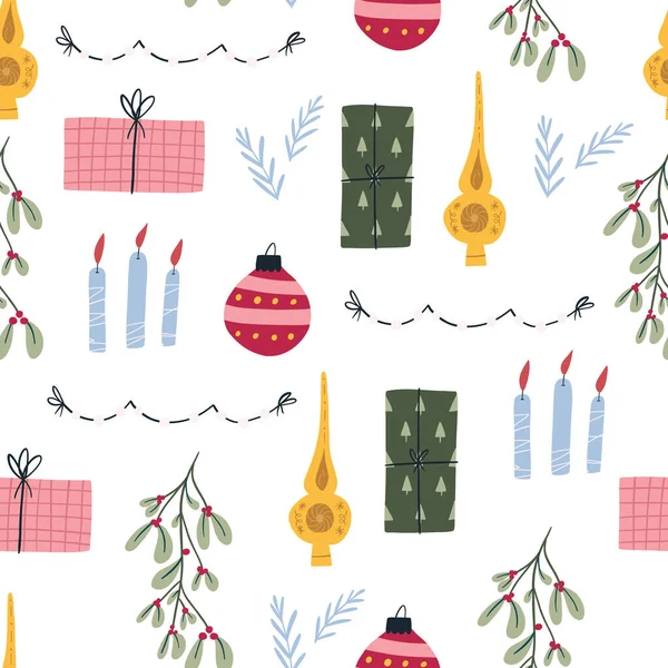 Patrón Inconsútil Navidad Colorido Ilustración Vector Plano Sobre Fondo Blanco — Archivo Imágenes Vectoriales