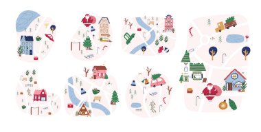 Şirin bir kış haritası seti, el çizimi şehir ya da kasaba - beyaz arka planda izole edilmiş çizgi film düz vektör çizimi. Yolları, evleri, ağaçları ve Noel süslemeleri olan çocukça haritalar..