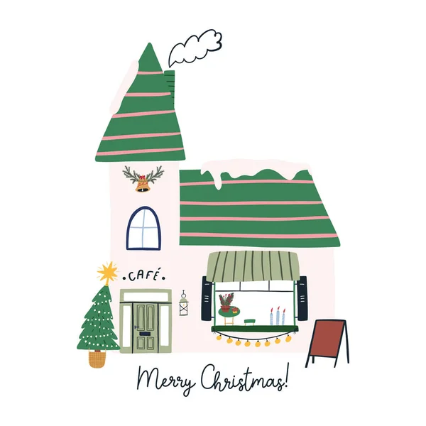Weihnachtsgrußkarte Mit Niedlichen Handgezeichneten Haus Cartoon Flache Vektorillustration Isoliert Auf — Stockvektor