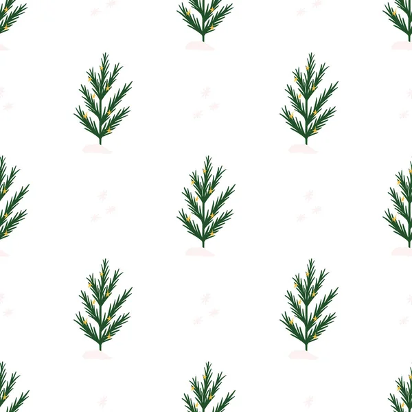 手は白の背景に装飾されたクリスマスツリーのシームレスなパターン 漫画のフラットベクトルイラストを描いた 星の装飾や雪の山とのモミの木 冬休みデザイン — ストックベクタ