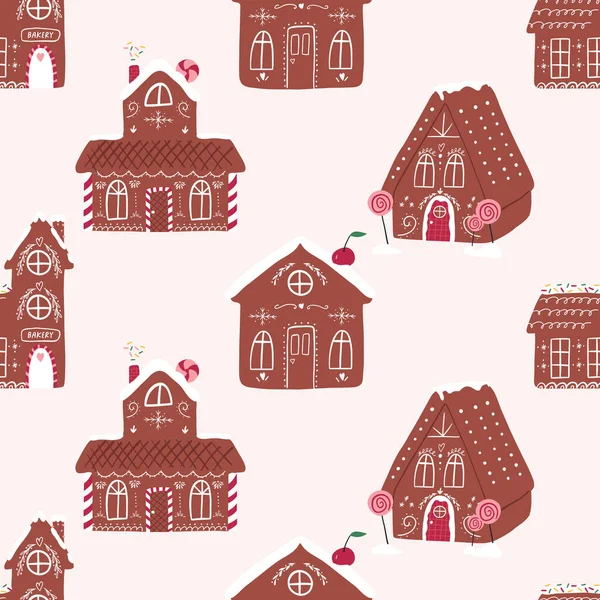 Handgezeichnete Lebkuchenhaus Nahtlose Muster Cartoon Flache Vektorillustration Auf Beigem Hintergrund — Stockvektor