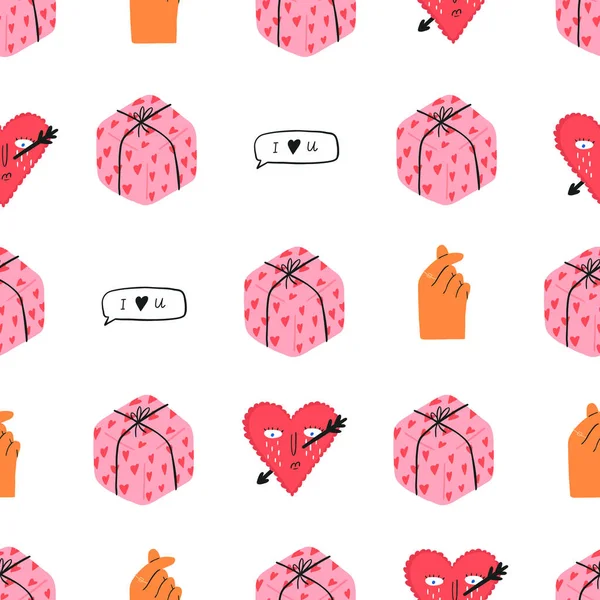 Valentinstag Nahtloses Muster Mit Handgezeichneten Herzen Geschenkbox Und Koreanischer Herzgeste — Stockvektor