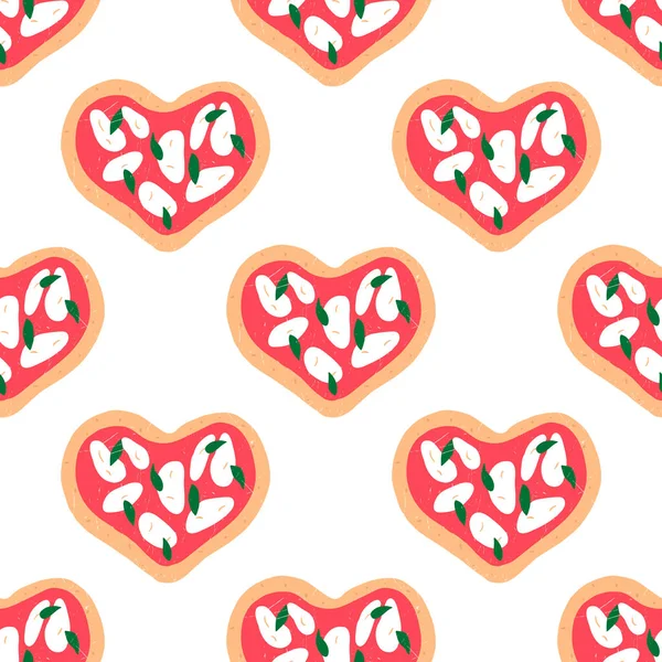 Pizza Margherita Tvaru Srdce Valentines Den Hladký Vzor Ploché Vektorové — Stockový vektor
