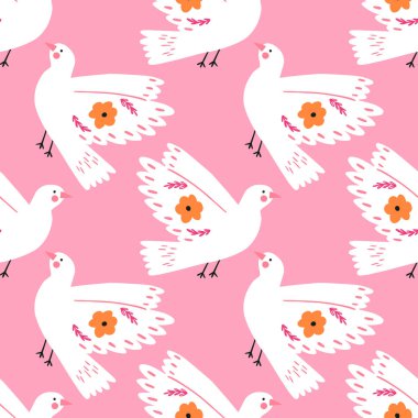 Şirin beyaz güvercin kuşu, pürüzsüz desenli. Pembe arka planda düz vektör çizimi. Aşk, barış ve sevgililer günü kavramları. el çizimi desen.