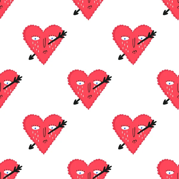 Quirky Seamless Pattern Heart Crying Face Cupid Arrow Flat Vector — Stock Vector