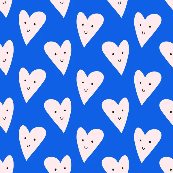 Sevimli Bir Çizimi Kalp Neşeli Yüz Pürüzsüz Desen Mavi Arka — Stok Vektör