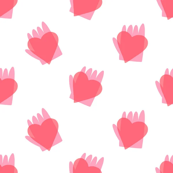 Ručně Kreslené Ruce Drží Srdce Valentýna Bezešvé Vzor Ploché Vektorové — Stockový vektor