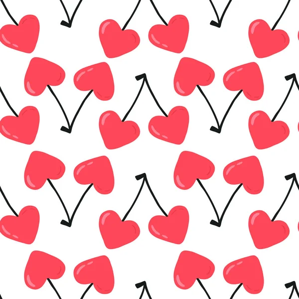 Handgezeichnete Kirschen Herzform Flaches Nahtloses Muster Auf Weißem Hintergrund Valentinstag — Stockvektor