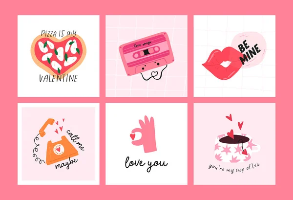 Dia Dos Namorados Cartões Funky Saudação Cartazes Conjunto Desenho Animado — Vetor de Stock