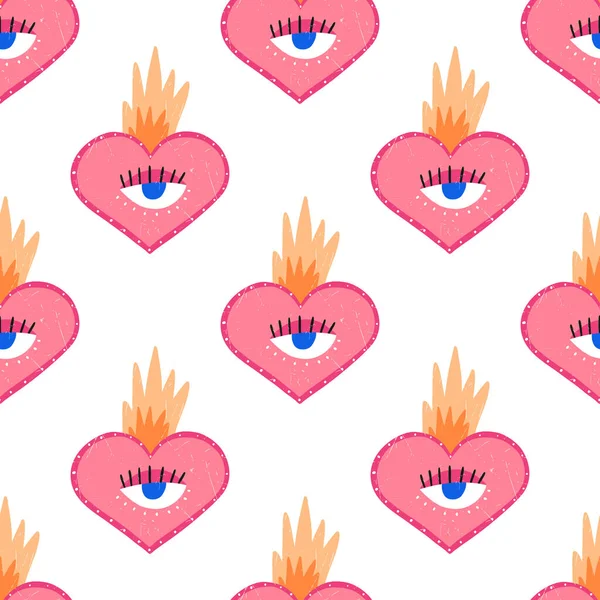 Funky Herz Mit Flamme Und Einem Auge Valentinstag Nahtloses Muster — Stockvektor
