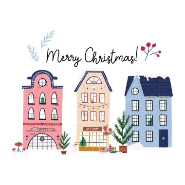 Güzel el çizilmiş evleri olan mutlu noel tebrik kartları beyaz arka planda izole edilmiş düz vektör çizimleri. Şehirdeki süslü Noel binaları, Noel ağacı, peri ışıkları ve kar..