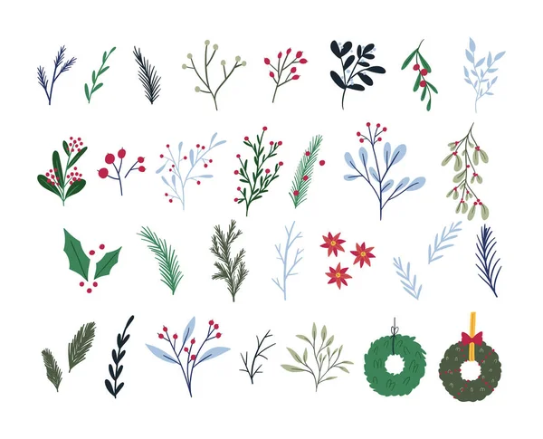 一组可爱的手绘冬季植物学元素 平面矢量图以白色背景隔离 各种枝条 浆果和花环 花卉圣诞装饰系列 — 图库矢量图片