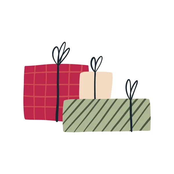 トレンディーな包装紙のギフトボックスの山 白の背景に隔離された手描きのフラットベクトルイラスト クリスマスや誕生日のお祝い — ストックベクタ