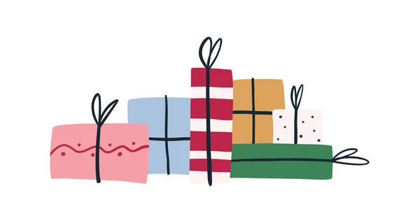 Grande Pile Pile Boîtes Cadeaux Colorées Illustration Vectorielle Plate Dessinée — Image vectorielle