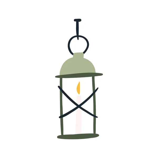 Lanterne Rétro Avec Bougie Allumée Illustration Vectorielle Plate Dessinée Main — Image vectorielle