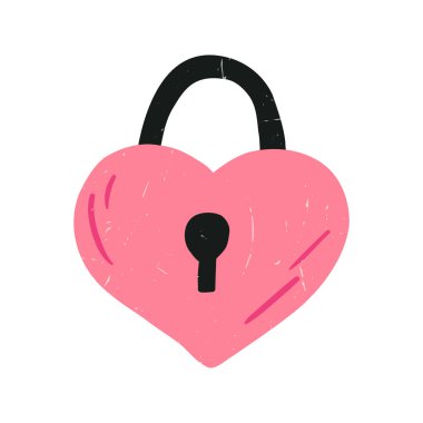 El çizimi kalp şeklinde asma kilit, beyaz arka planda izole edilmiş düz vektör çizimi. Tatlı Sevgililer Günü çizimi, grunge dokusuyla. Aşk kavramı.