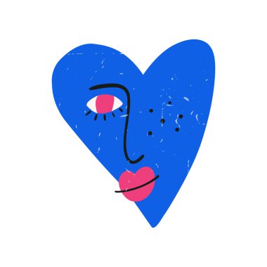 Yüzü olan el çizimi funky kalp, beyaz arkaplanda izole edilmiş çizgi film düz vektör çizimi. Hoş bir kalp ve grunge dokuları. Tuhaf Sevgililer Günü sembolü..