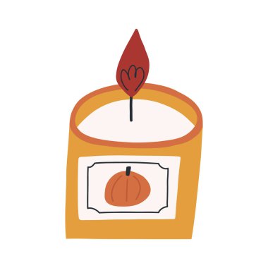 Tatlı balkabağı kokulu mum, beyaz arkaplanda izole edilmiş çizgi film düz vektör çizimi. El çizimi sonbahar mumu. Ev dekorasyonu ögesi.