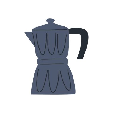 El çizimi moka kabı, beyaz arka planda izole edilmiş çizgi film düz vektör çizimi. Sevimli geleneksel kahve yapma aracı. Espresso kabı, mutfak malzemeleri..