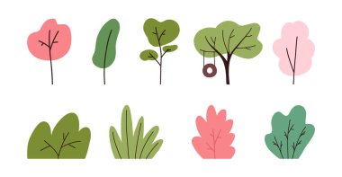 Yay ağaçları ve çalılar, beyaz arkaplanda izole edilmiş çizgi film düz vektör çizimi. Sevimli el çizimi doğa kırpma elementleri koleksiyonu. Yeşil ve pembe bitkiler.