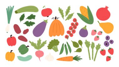Çizgi film tarzı meyve ve sebzeler, beyaz arkaplanda izole edilmiş vektör çizimi. Sevimli el yapımı domatesler, balkabağı, elma, soğan ve dolmalık biber. Taze organik bahar yiyeceği..