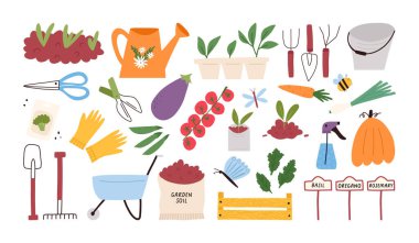 Beyaz arka planda izole edilmiş şirin bahçe ve tarım araçları, çizgi film düz vektör illüstrasyonu. El yapımı sulama kutusu, makas, kürek, toprak torbası, tohum, eldiven ve sebze koleksiyonu.