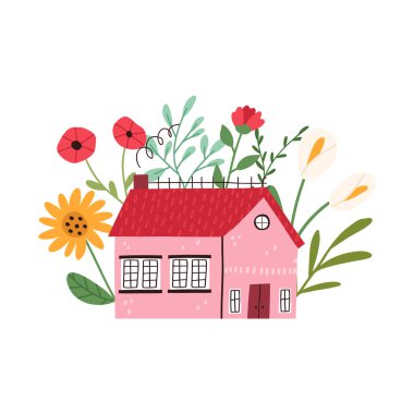 Beyaz arka planda izole edilmiş karikatür düz vektör illüstrasyonlu çeşitli çiçeklerle çizilmiş şirin bir ev. Renkli bahar ve yaz çizimleri. Büyük çiçekli peri binası..