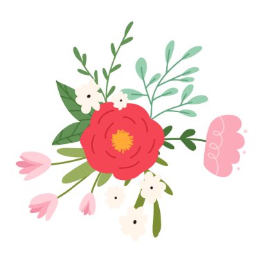 Beyaz arkaplanda izole edilmiş vektör illüstrasyonu. El çizimi bahar ve yaz çiçekleri gül ve lalelerle.