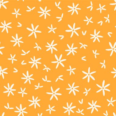 Papatya çiçekli sarı pürüzsüz desen, çizgi film düz vektör çizimi. Zarif bir bahar ya da yaz arkaplanı ve el çizimi çiçekler. Çiçek açan papatyalı şirin çayır..