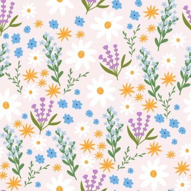 Sevimli çiçeksiz desen, çizgi film düz vektör çizimi. İlkbahar ve yaz çiçekleri ile el şafağı arka planı. Çayır deseni, tekstil ve kumaş için harika..