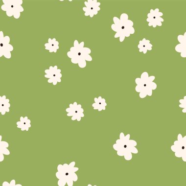 Şirin, papatyasız desen, yeşil arkaplanda çizgi film düz vektör çizimi. Bahar çiçeği deseni. Doğanın kavramları, çayır, yaz.