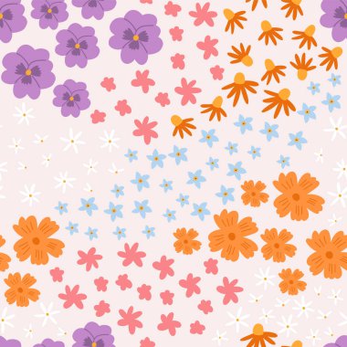 Sevimli çiçeksiz desen, çizgi film düz vektör çizimi. Çeşitli çiçeklerle bahar otlağı arka planı. El yapımı bitkiler. Doğa ve yaz kavramları. Tekstil ve kumaş baskısı için harika..