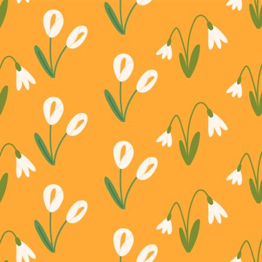 El çizimi zambak çiçekleri, pürüzsüz desenli çizgi film düz vektör çizimi sarı arka planda. Bahar ve yaz doğası kavramları. Tekstil ve kumaş baskısı için harika..