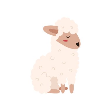 Güzel el çizimi koyun oturması, beyaz arka planda izole edilmiş çizgi film düz vektör çizimi. Çocuksu hayvan resimleri..